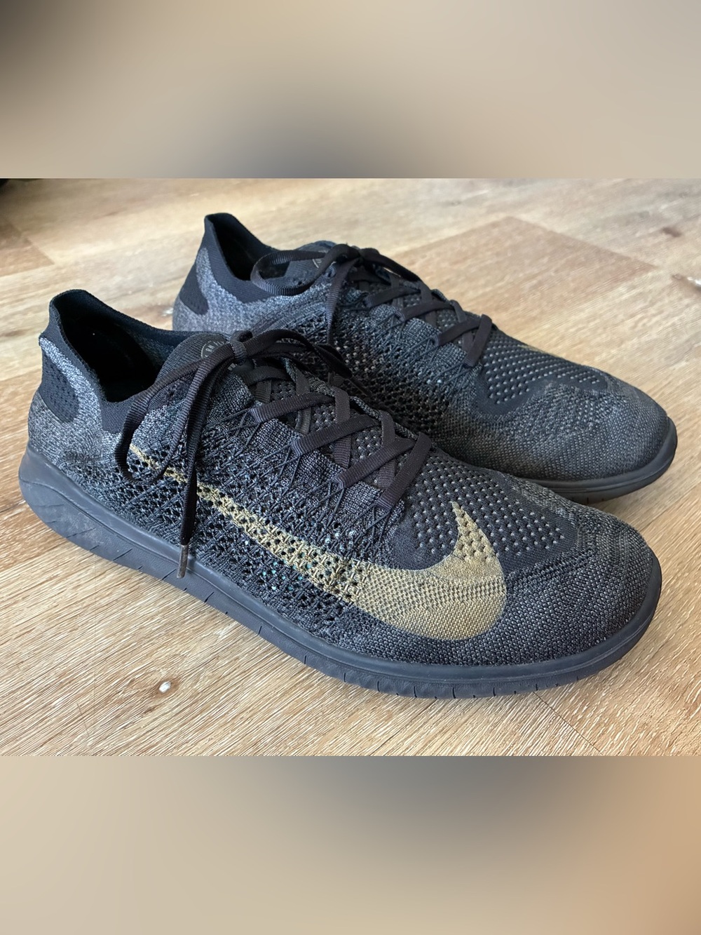 Nike Free RN Flyknit 2018 (AT4153-991) Black Gold Mens Shoes US 13 EU 47.5 31cm